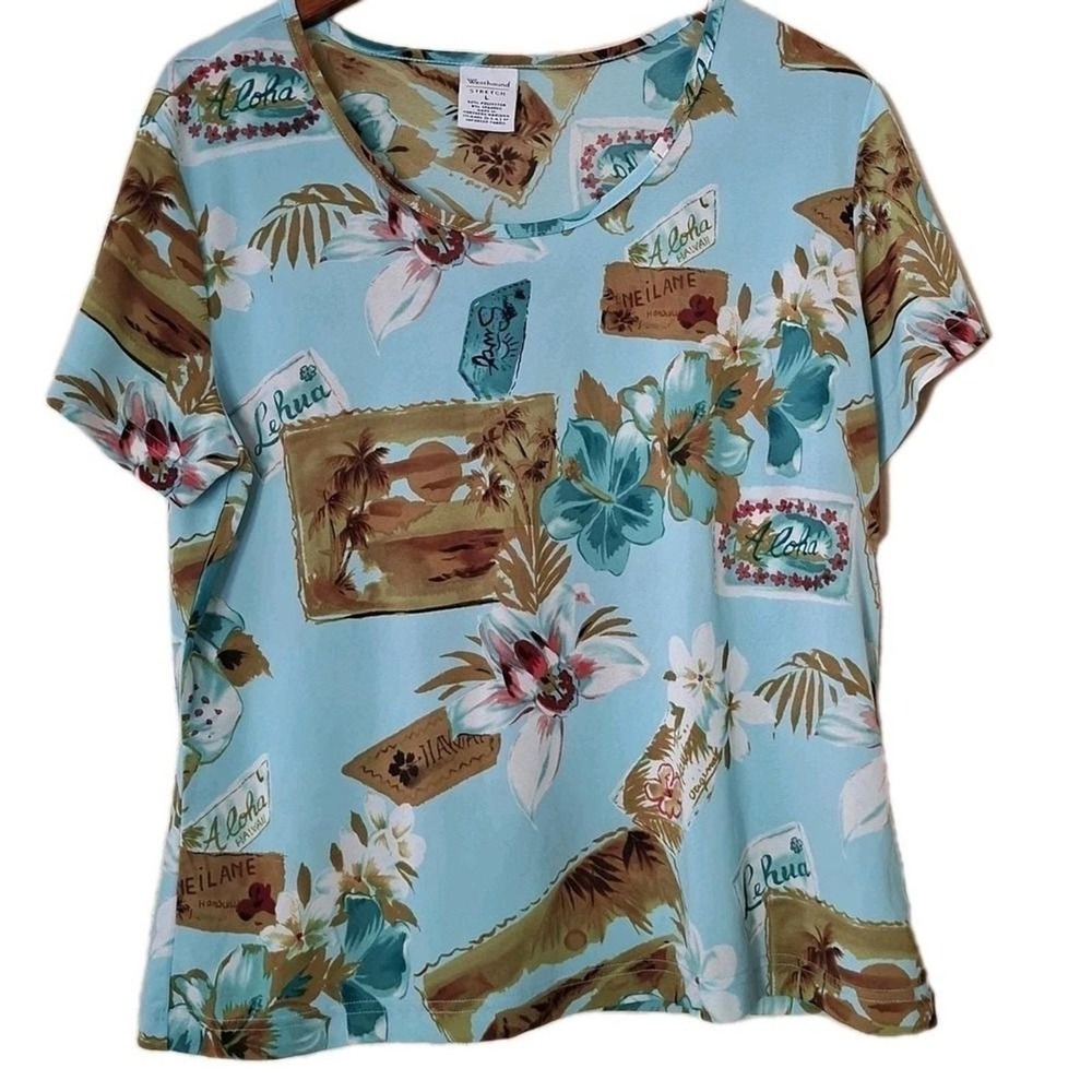 Westbound Aloha Hawaii Top L Womens Blue Good Tropical Postcard Blouse Stretch